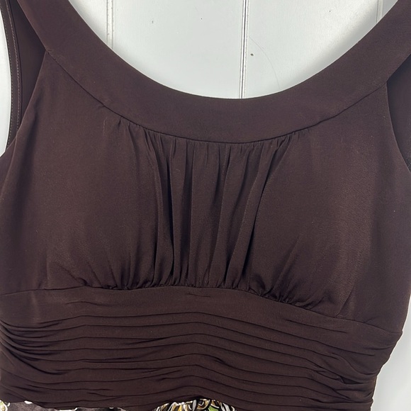 Sangria Womens Midi Dress 12 Chocolate Brown Green Floral Side Zip Ruching Party - Picture 2 of 13